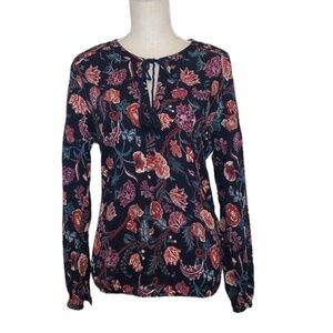 LUCKY BRAND Blouse Women's Size Medium Blue Pink Floral V-Neck Long Sleeve Top